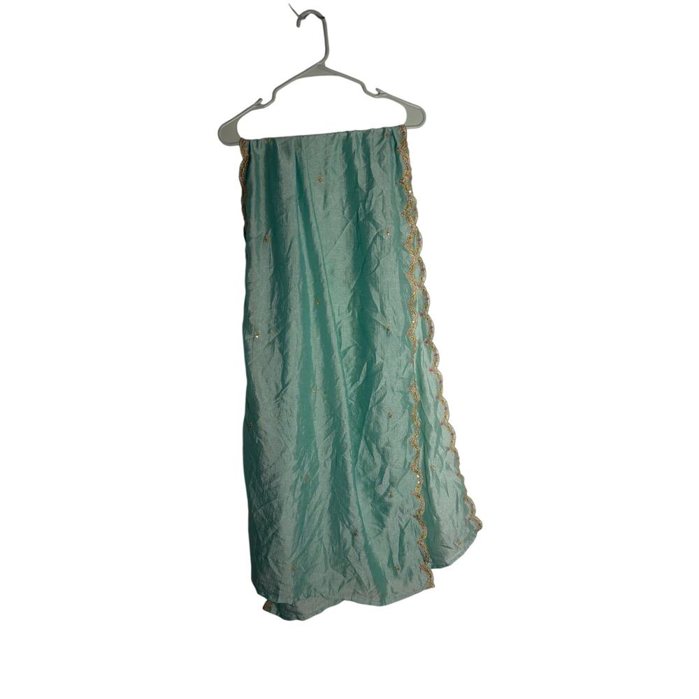 Handmade Teal Blue Silk Dupatta Scarf Woman South Asian Scalloped Gold Trim Shaw